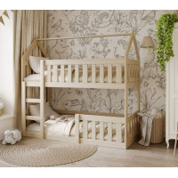 Detská poschodová domčeková posteľ z masívu borovice MINI s Montessori lôžkom - 190x80 cm - prírodná borovica