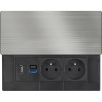 Solight vstavaný blok zásuviek s posuvným krytom, 2 zásuvky, HDMI, USB A + C 20W PD, 2m, strieborný