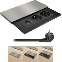 Solight vstavaný blok zásuviek s posuvným krytom, 2 zásuvky, USB A + C 65W PD, 2m, strieborný