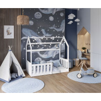 Detská domčeková Montessori posteľ z masívu borovice GOFFY - 190x80 cm - biela
