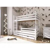 Detská poschodová posteľ z masívu borovice LUKÁŠ s prístelkou a šuplíky - 200x90 cm - biela