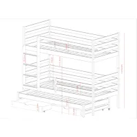 Detská poschodová posteľ z masívu borovice LUKÁŠ s prístelkou a šuplíky - 200x90 cm - biela