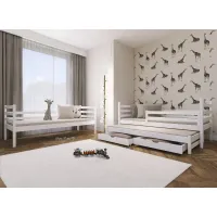 Detská poschodová posteľ z masívu borovice LUKÁŠ s prístelkou a šuplíky - 200x90 cm - biela