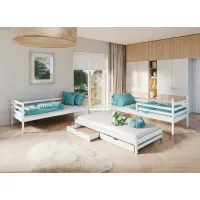 Detská poschodová posteľ z masívu borovice LUKÁŠ s prístelkou a šuplíky - 200x90 cm - biela