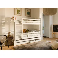 Detská poschodová posteľ z masívu borovice LUKÁŠ s prístelkou a šuplíky - 200x90 cm - biela