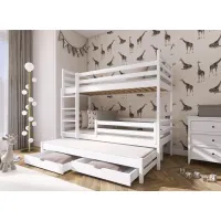 Detská poschodová posteľ z masívu borovice LUKÁŠ s prístelkou a šuplíky - 200x90 cm - biela