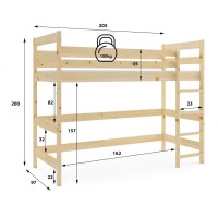 Detská vyvýšená posteľ z masívu borovice ANTOLA 200x90 cm - prírodná borovica