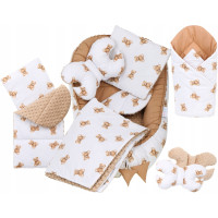 Obojstranné hniezdočko (kokon) pre bábätko - BABYMAM PREMIUM set 7v1 - Medvedík Teddy s béžovou minkami
