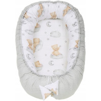 Obojstranné hniezdočko (kokon) pre bábätko - BABYMAM PREMIUM set 7v1 - Medvedík v oblakoch s béžovou minkou