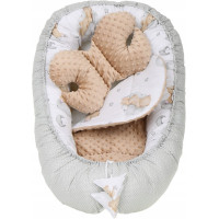 Obojstranné hniezdočko (kokon) pre bábätko - BABYMAM PREMIUM set 7v1 - Medvedík v oblakoch s béžovou minkou