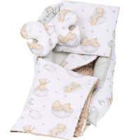 Obojstranné hniezdočko (kokon) pre bábätko - BABYMAM PREMIUM set 7v1 - Medvedík v oblakoch s béžovou minkou