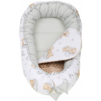 Obojstranné hniezdočko (kokon) pre bábätko - BABYMAM PREMIUM set 7v1 - Medvedík v oblakoch s béžovou minkou