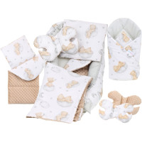 Obojstranné hniezdočko (kokon) pre bábätko - BABYMAM PREMIUM set 7v1 - Medvedík v oblakoch s béžovou minkou