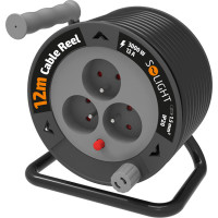 Solight predlžovací prívod na bubne 12m, 3 zásuvky, čierny kábel, 3x 1,5mm2