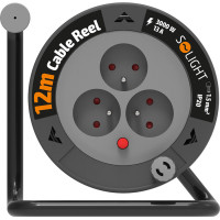 Solight predlžovací prívod na bubne 12m, 3 zásuvky, čierny kábel, 3x 1,5mm2
