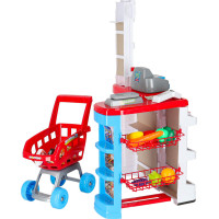 Pokladňa v supermarkete s vozíkom - biela/červená