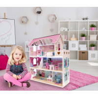 MDF drevený domček pre bábiky + nábytok 70cm ružový LED