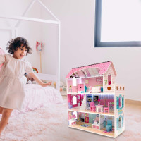 MDF drevený domček pre bábiky + nábytok 70cm ružový LED