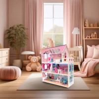 MDF drevený domček pre bábiky + nábytok 70cm ružový LED