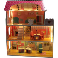 MDF drevený domček pre bábiky + nábytok 70cm ružový LED
