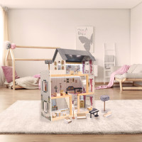 MDF drevený domček pre bábiky + nábytok 78cm čierny LED