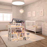 MDF drevený domček pre bábiky + nábytok 78cm čierny LED