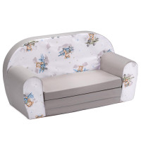 Detská rozkladacia MINI pohovka Macko v lietadle- biela/sivá