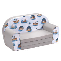 Detská rozkladacia MINI pohovka Zvieratká na lodičkách - modrá/sivá Detská rozkladacia MINI pohovka Zvieratká na lodičkách - modrá/sivá