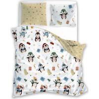 Bavlnené obliečky SCANDIC Tučniaky s darčekmi - biele / béžové - 160x200 cm