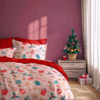 Bavlnené obliečky SCANDIC Vianočný motív - béžové/červené - 140x200 cm