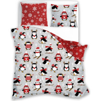 Bavlnené obliečky SCANDIC Tučniaky - šedé / červené - 160x200 cm