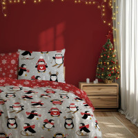 Bavlnené obliečky SCANDIC Tučniaky - šedé / červené - 160x200 cm