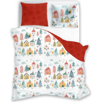 Bavlnené obliečky SCANDIC Zimná dedinka - biele / červené - 220x200 cm