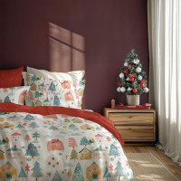 Bavlnené obliečky SCANDIC Zimná dedinka - biele / červené - 220x200 cm