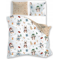 Bavlnené obliečky SCANDIC Tučniaky s darčekmi - biele / béžové - 220x200 cm