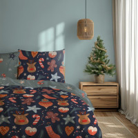 Posteľné obliečky z mikrovlákna HOLLY JOLLY Vianočný motív - tmavo modré / šedé - 160x200 cm