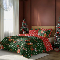 Bavlnené obliečky MAGIC WINTER Luskáčikovia a imelo - tmavo zelené/červené - 160x200 cm