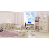 Detská posteľ s výrezom ružová MAČIČKA 140x70 cm, dub sonoma + 2x krátka zábrana, šuplík, matrac