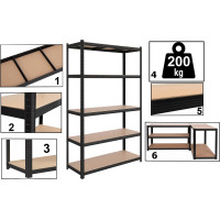 Policový regál - 5 políc - 205x120x45 cm - čierny