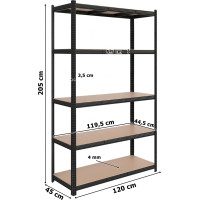 Policový regál - 5 políc - 205x120x45 cm - čierny
