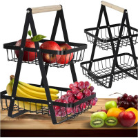 Dvojposchodový kôš na ovocie a zeleninu - čierny (kov, drevo)
