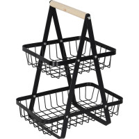 Dvojposchodový kôš na ovocie a zeleninu - čierny (kov, drevo)