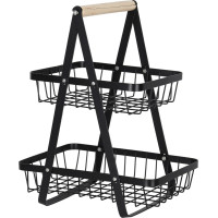 Dvojposchodový kôš na ovocie a zeleninu - čierny (kov, drevo)