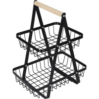 Dvojposchodový kôš na ovocie a zeleninu - čierny (kov, drevo)