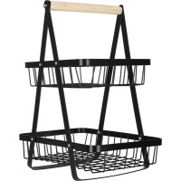 Dvojposchodový kôš na ovocie a zeleninu - čierny (kov, drevo)