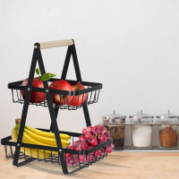 Dvojposchodový kôš na ovocie a zeleninu - čierny (kov, drevo)