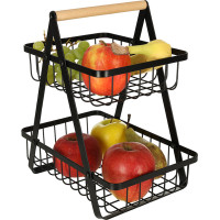 Dvojposchodový kôš na ovocie a zeleninu - čierny (kov, drevo)