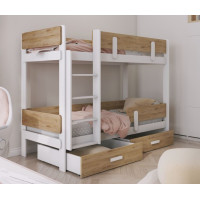 Detská poschodová posteľ z masívu borovice ETTORE so šuplíkmi 200x90 cm - biela/dub shetland, rebrík vľavo