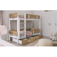 Detská poschodová posteľ z masívu borovice ETTORE so šuplíkmi 200x90 cm - biela/dub shetland, rebrík vľavo