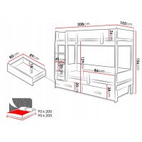 Detská poschodová posteľ z masívu borovice ETTORE so šuplíkmi 200x90 cm - biela/dub shetland, rebrík vľavo